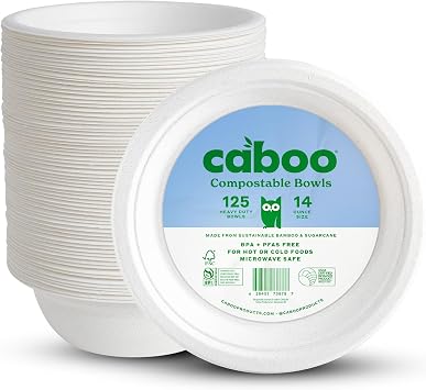 Caboo Disposable Bamboo Paper Bowls, 125 Pack of 14 Ounce Sturdy Biodegradable Bowls, Compostable Bowl, Microwave Safe Party Bowl, Eco Friendly Alternative to Plastic