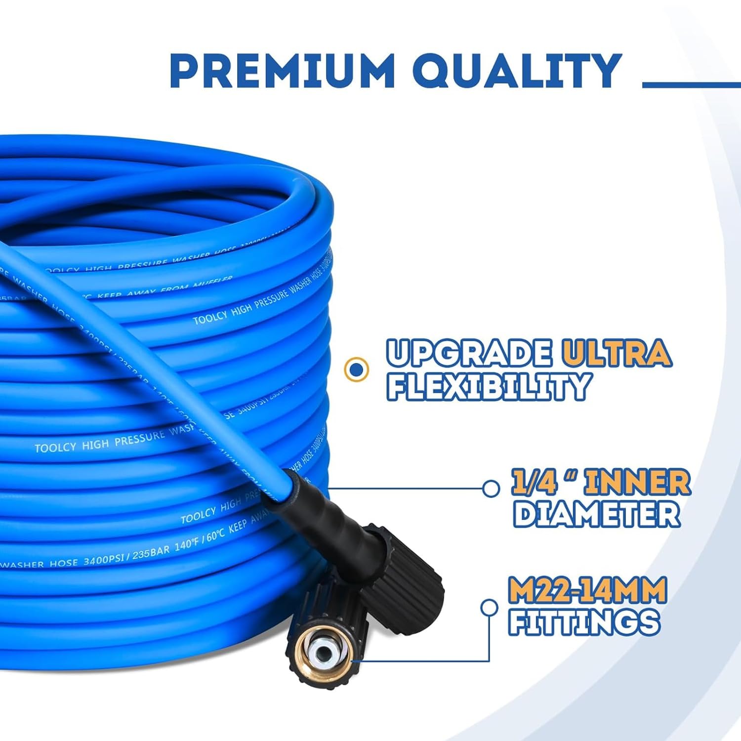 15M 3600PSI Tubo Alta Pressione per Pulitrice ad Alta Pressione con 5 Raccordi Rapidi(M22 x 3/8''), per tubo di lavaggio a pressione a collegamento rapido da 1/4'', Blu
