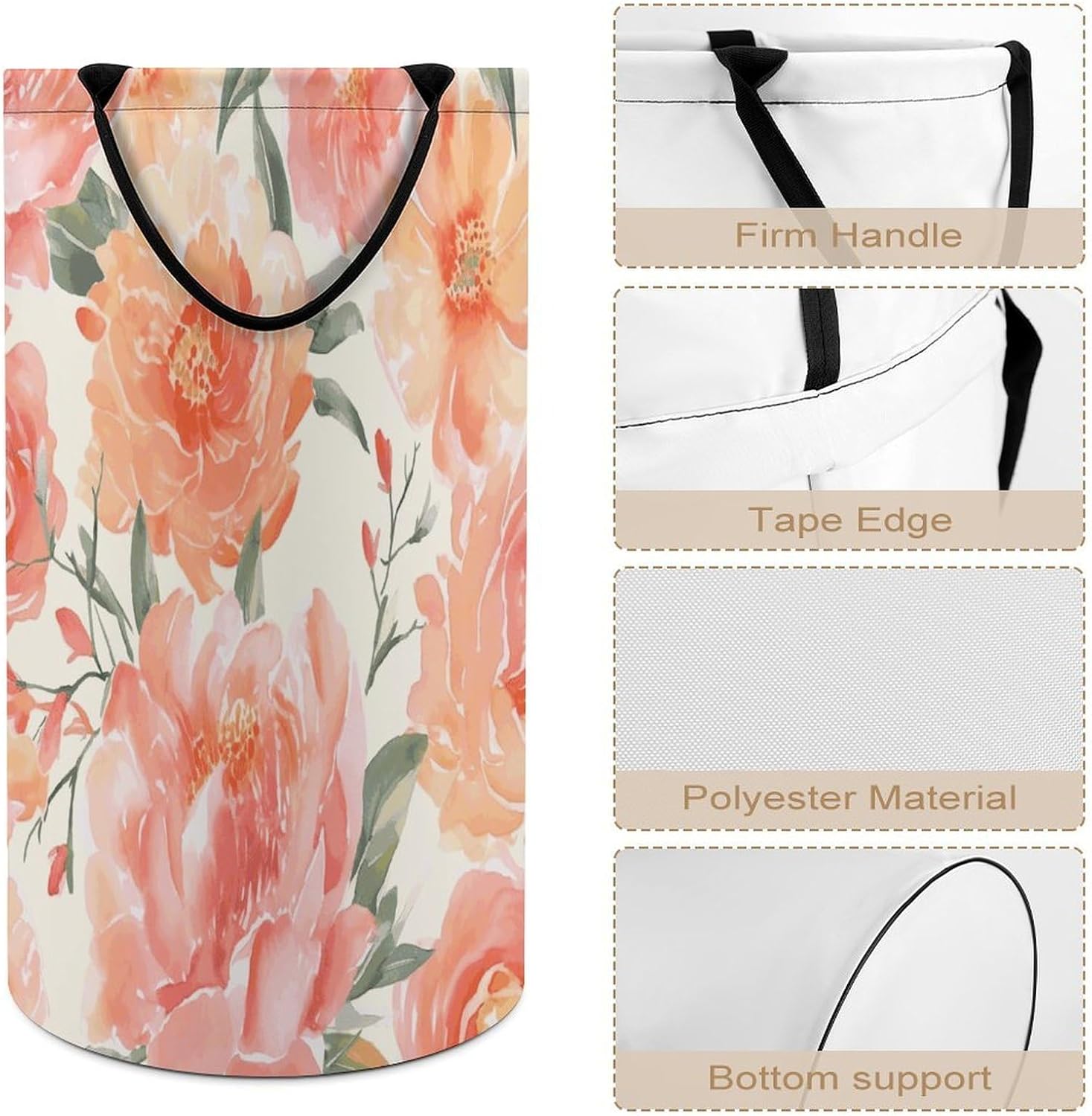 Peach Peony Laundry Hamper with Handles Freestanding Large Laundry Basket Collapsible Clothes Hamper Waterproof Clothes Basket for Family Bathroom Decor Storage 86L