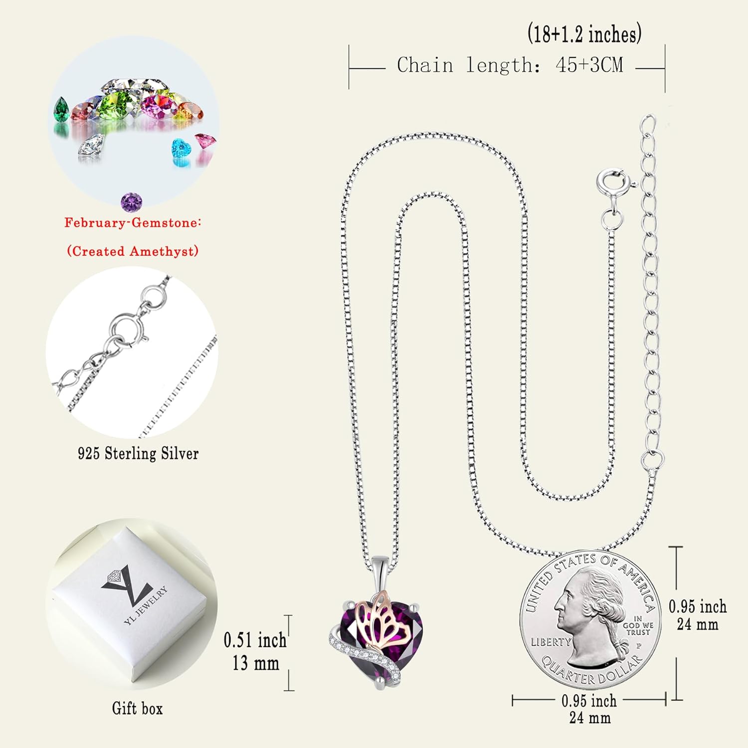 YL Heart Necklace for Women 925 Sterling Silver Engraved/Butterfly/Rose Flower Pendant Birthstone Promise Jewelry - Image 6