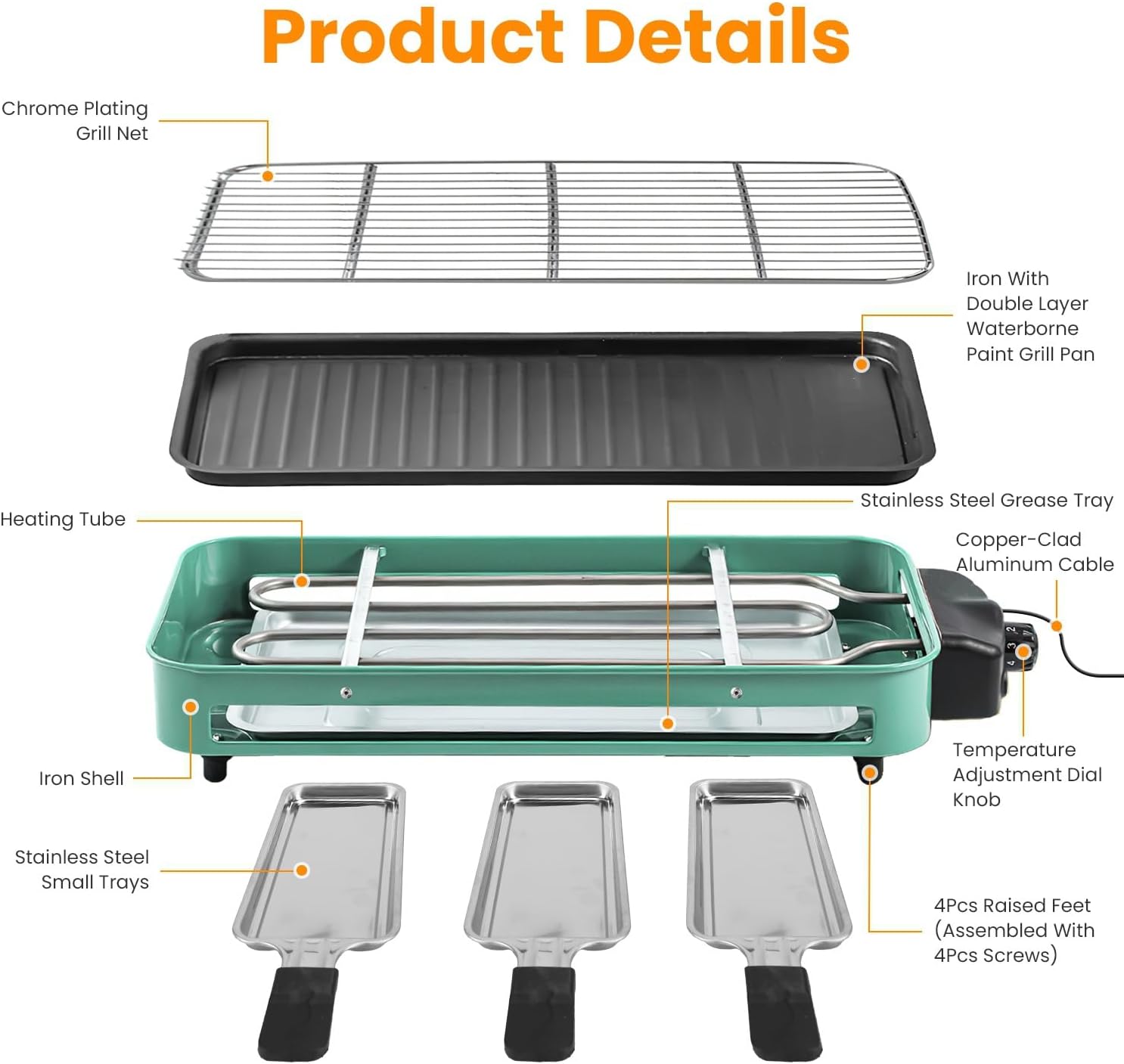 KOCASO 2000W 2-in-1 Electric Indoor BBQ Grill with Removable Grill Net & Plate, 5 Temp Controls (176°F-392°F), 3 Small Trays, Dishwasher Safe