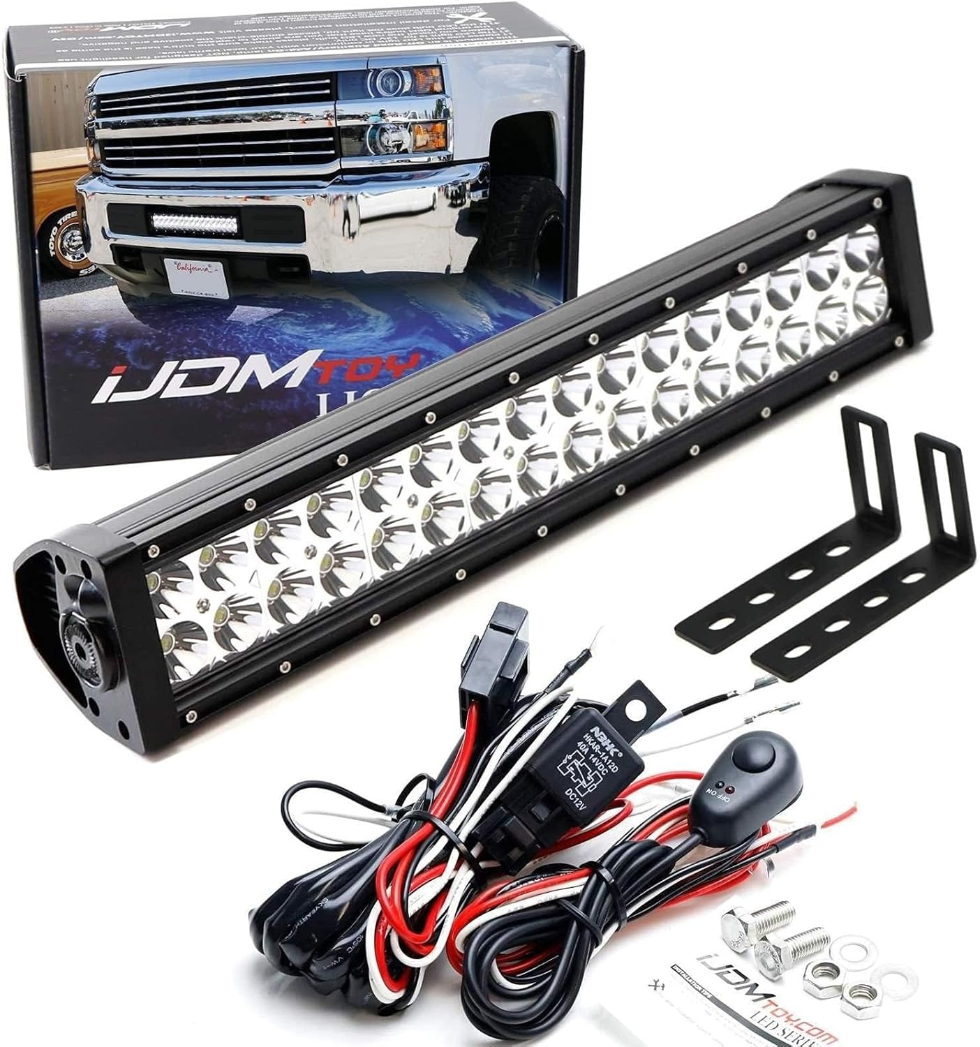 iJDMTOY Lower Grille Mount LED Light Bar Compatible with 2015-19 Chevy Silverado 2500 3500 HD, Includes (1) 96W High Power LED Lightbar, Lower Bumper Opening Mount Brackets & On/Off Switch Wiring Kit