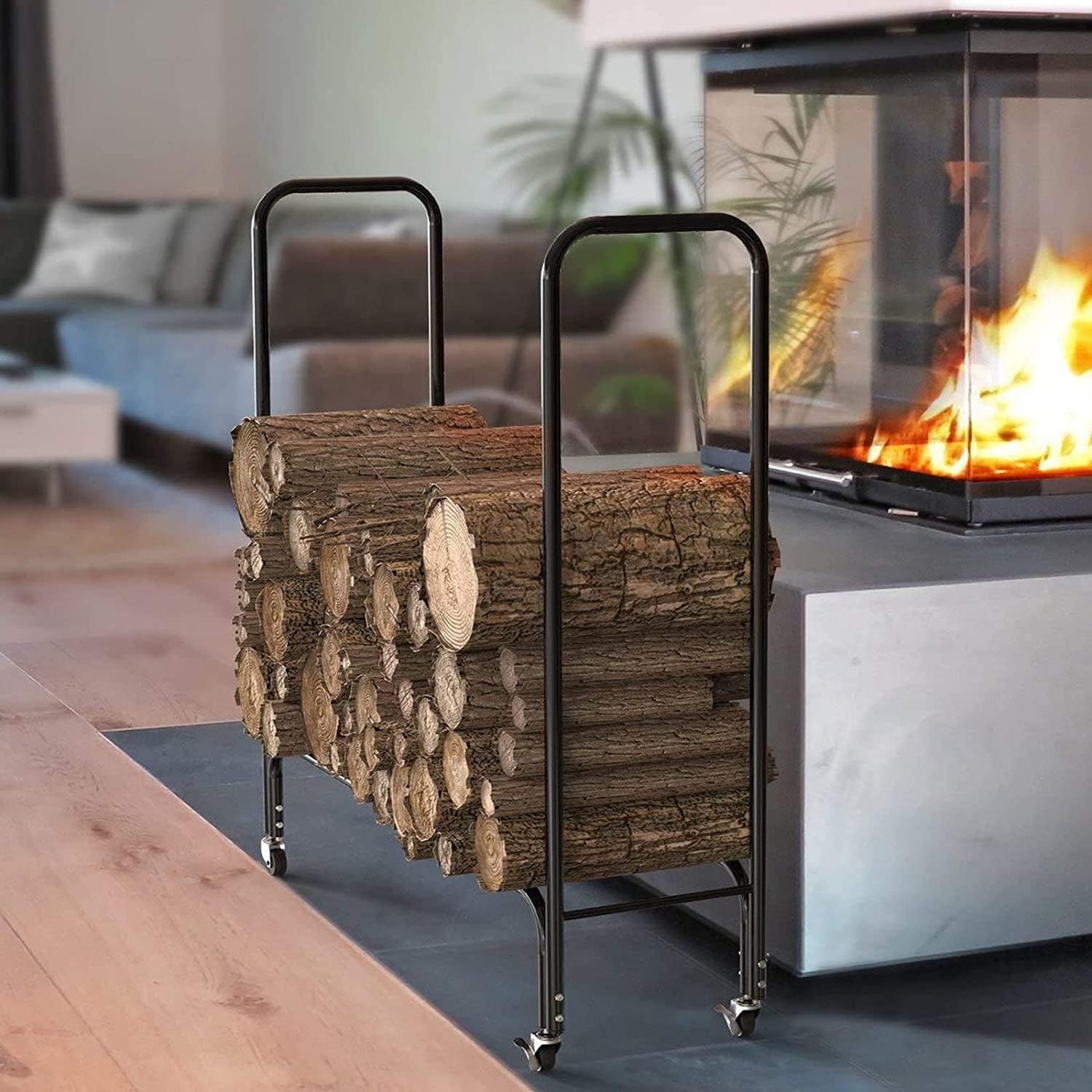 Firewood Stand Firewood Rack Fireplace Tool Compact Firewood Rack Outdoor Movable Firewood Storage Rack with 4 Wheels Wood Storage Rack for Outdoor Porch