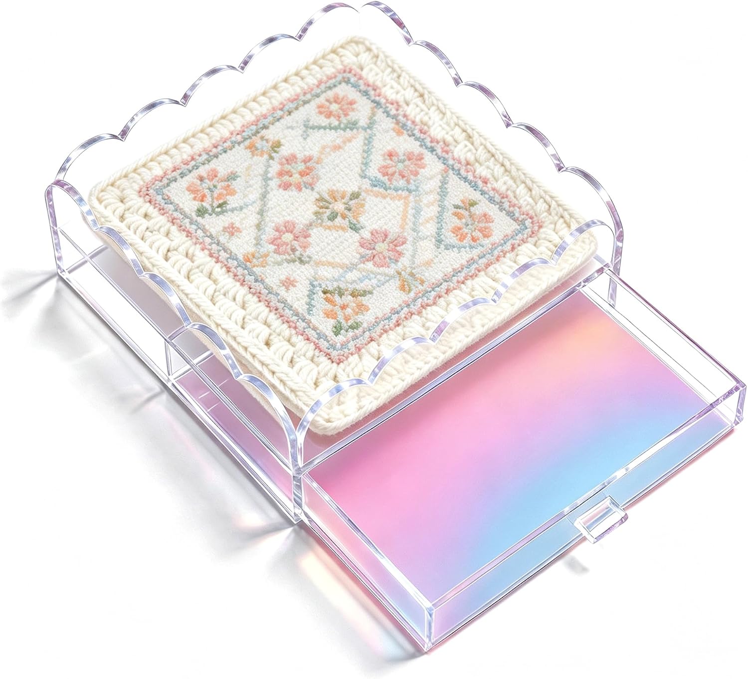 Scalloped Acrylic Tray with Iridescent Drawer, 9x9 Needlepoint Display