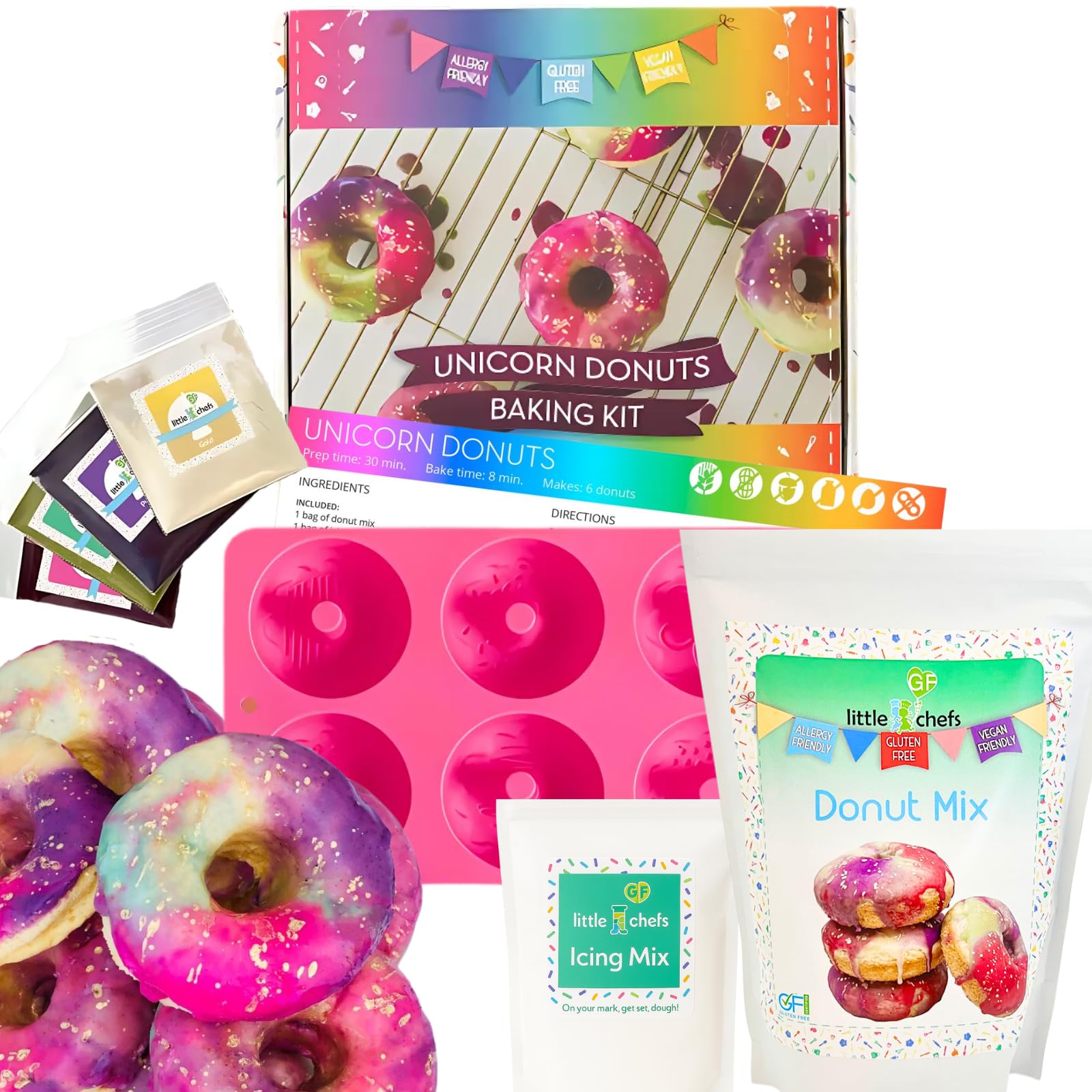 Little GF Chefs DIY Einhorn Donut Backset für Kinder | Glutenfreie Regenbogen-Wirbelglasur Backzubehör Geschenkset mit Zuckergussmischung, Zutaten, Schritt-für-Schritt-Anleitung (evtl. nicht in