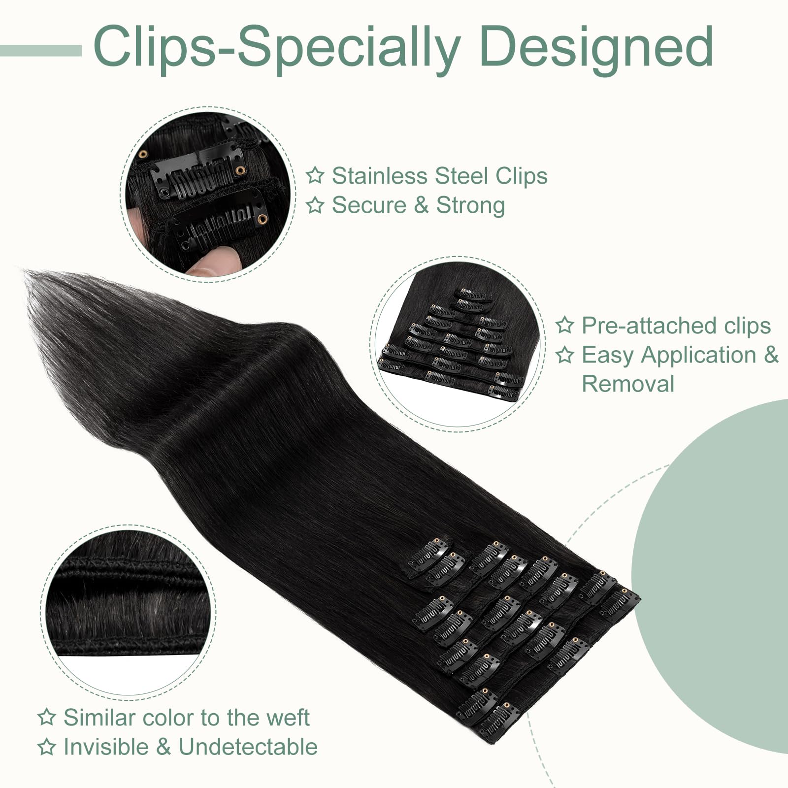 Hair Extensions Clip in Black Remy Human Hair Extensions 18 Inch Straight Clip in Human Hair 8pcs Seamless Real Natural Hair - Image 3