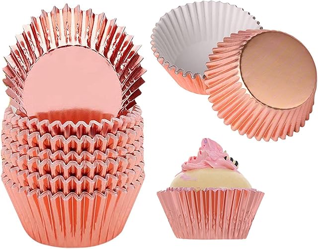 100PCS Foil Metallic Cupcakes Foil Baking Cups Muffin Cases Paper Cupcake Cases Grease Proof Cupcake Wrappers Cupcake Liners for Wedding Party Birthday Christmas (Rose Gold)