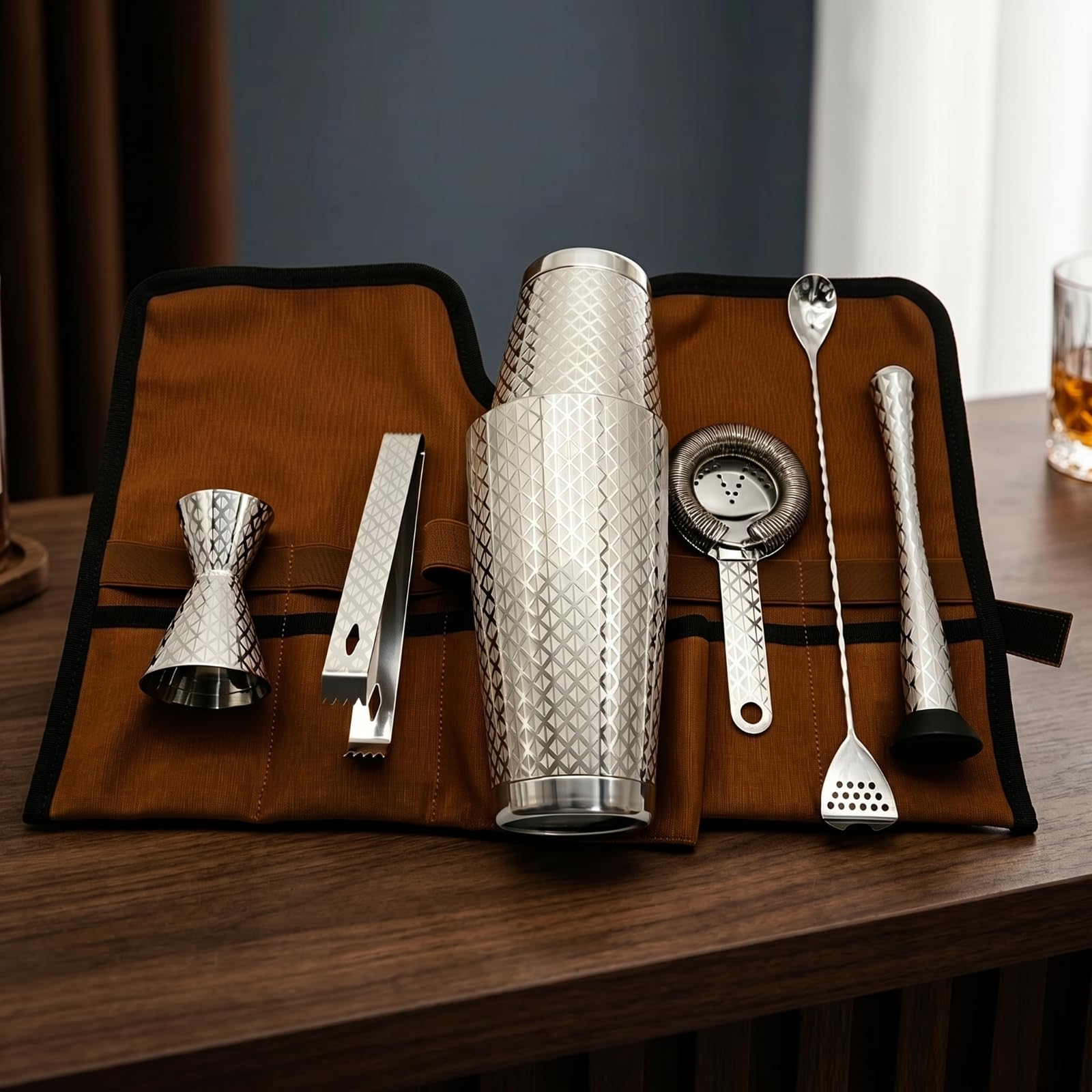 7 Pezzi Kit da Bar con Borsa Professionale Kit da Cocktail con Borsa Completo Shaker Accessori per Barman, Casa, Set Da 7 Pezzi Boston Con Motivo A Rombi Inciso, Senza Base
