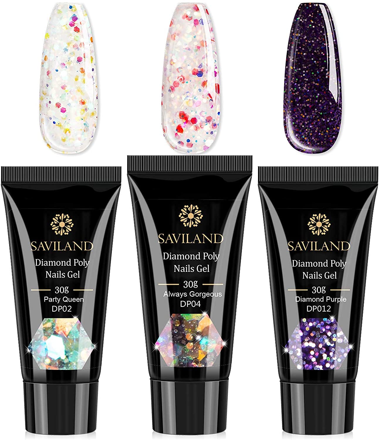 Saviland 3 Colors Glitter Poly Nails Gel Kit, 30ml Diamond UV Builder Gel Quick Nail Extension Gel Nail Art Starter Kit (Clear Red Purple)