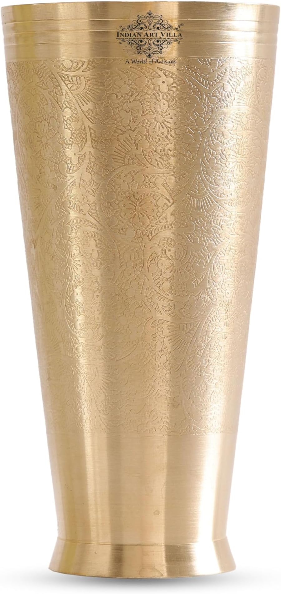INDIAN ART VILLA Set of 2 Brass Lassi Glass with Embossed Design, Drinkware & Serveware for Lassi, Milk, and Water, Height-4.5" Inches, Volume-400 ml