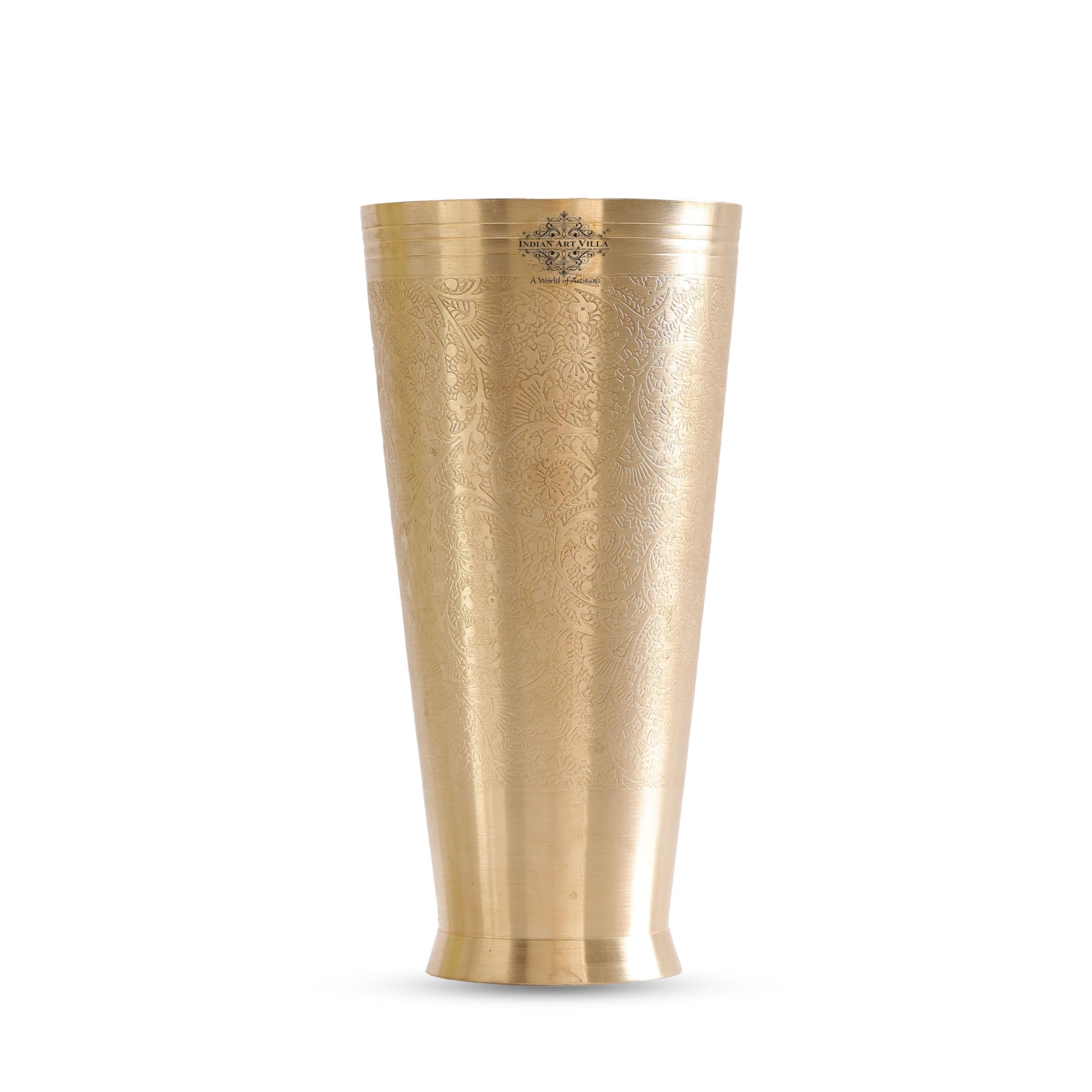 INDIAN ART VILLA Brass Lassi Glass with Embossed Design, Drinkware & Serveware for Lassi, Milk, and Water, Height-5" Inches, Volume-550 ml