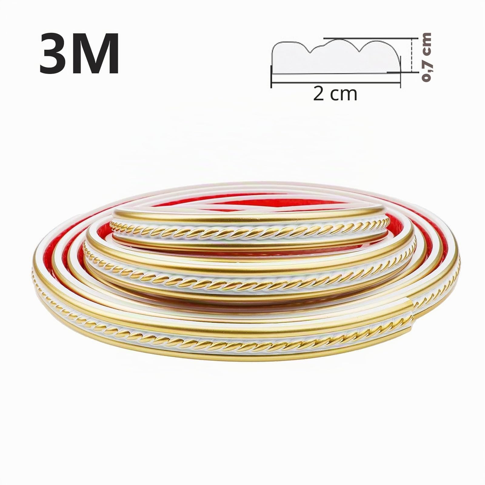 Moulures décoratives flexibles autocollantes 3M - Plinthes murales souples autocollantes - Design autocollant - Pour armoire (3 m x 2 cm, blanc + doré)