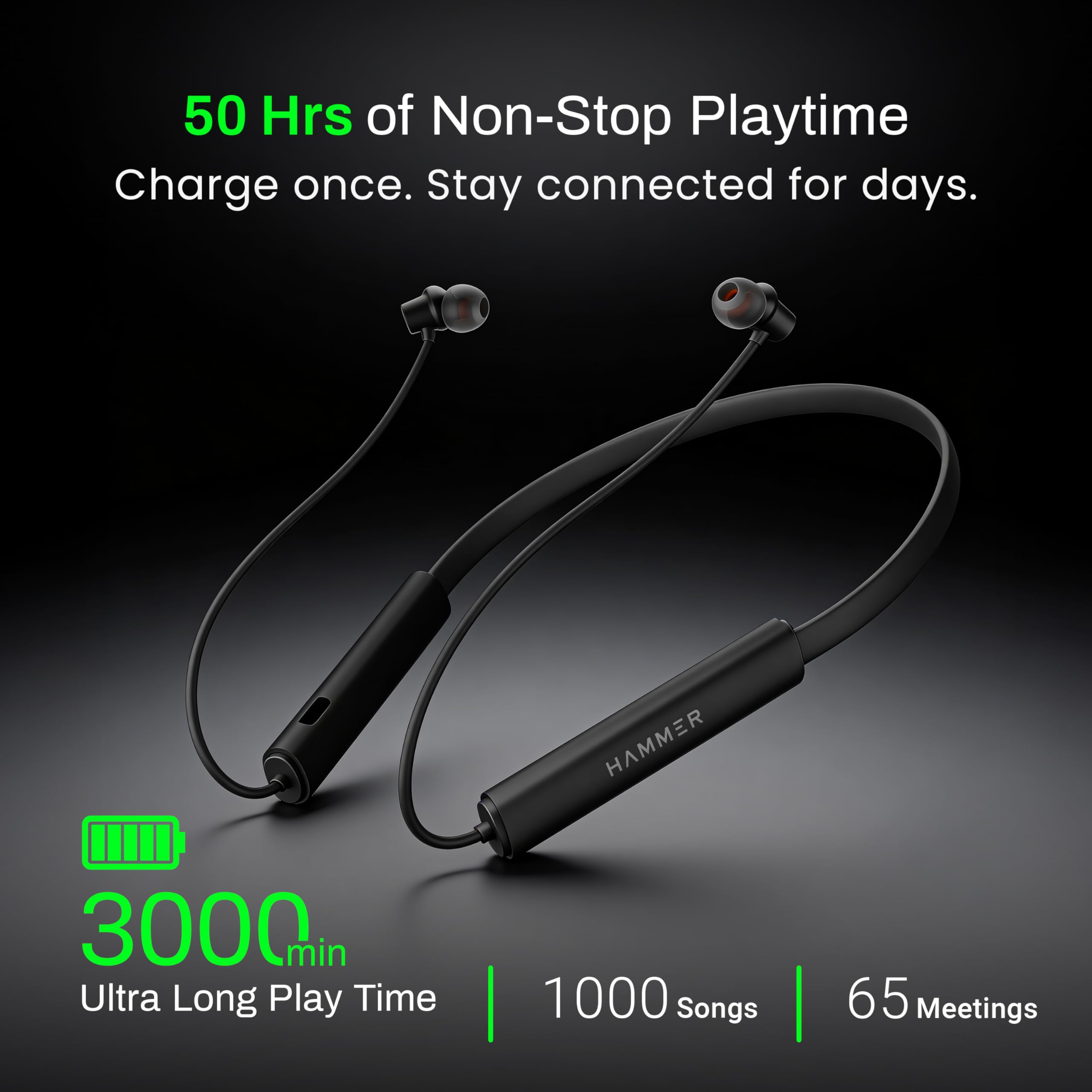 HAMMER Splendor 2 Wireless Neckband Bluetooth v6.0 with 50H Playtime, ENC, 10mm Drivers, Type-C Fast Charging, 55ms Low Latency, Lightweight Earphones (Black) — Amazon image 5