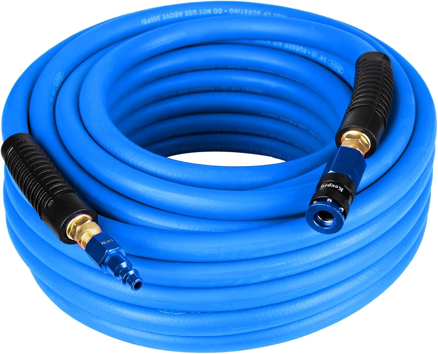 Keepro Rubber Air Hose, Durable Air Compressor Hose 3/8 Inch ID By 50 Feet Long with Swivel Universal Aluminium Quick Coupler and Plug, 300 PSI Maximum Pressure, Blue