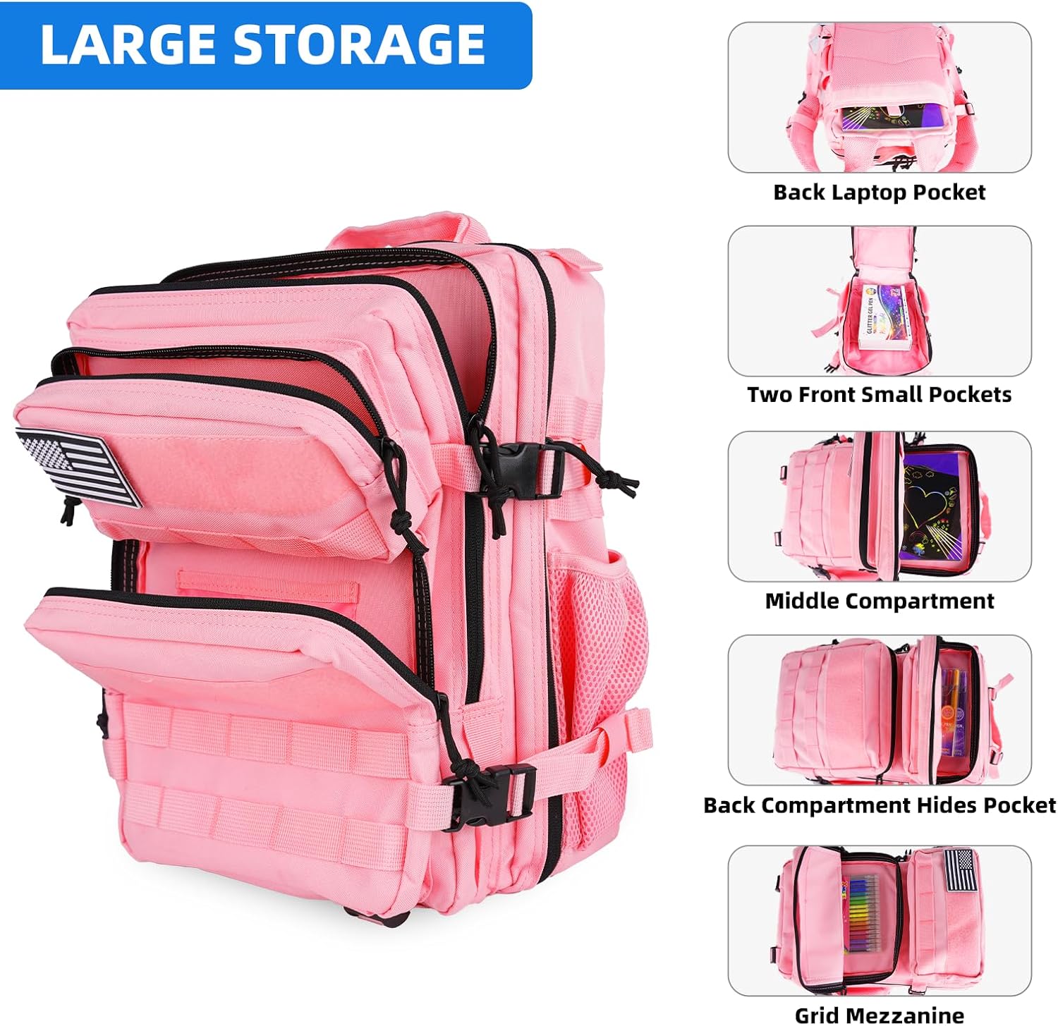 aiGear 25L Tactical Backpack for Men Women, Small Molle Military Backpack with 900D Oxford Fabric, Waterproof Hiking Daypack Bug Out Bag for Outdoor Travel Gym Work EDC Gear(25L Pink)