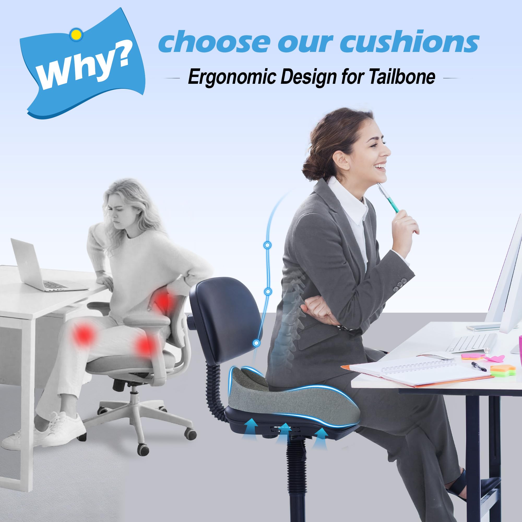 Lofty Aim Cuscino per sedia da ufficio: cuscino ergonomico in memory foam, cuscino per alleviare il dolore al coccige, sciatica, cuscino da scrivania per sedia da ufficio, seggiolino auto, aereo