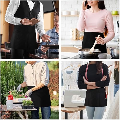 Miniatura 7 de TopTie Delantal de cintura para camarera con impresión personalizada con 3 bolsillos, mitad delantal de cocina de restaurante