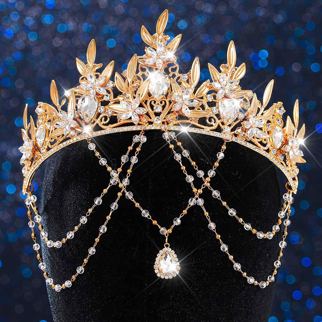 Kilshye Gold Leaf Crowns and Tiaras Crystal Wedding Headpiece Bridal Headband for Women - Image 2
