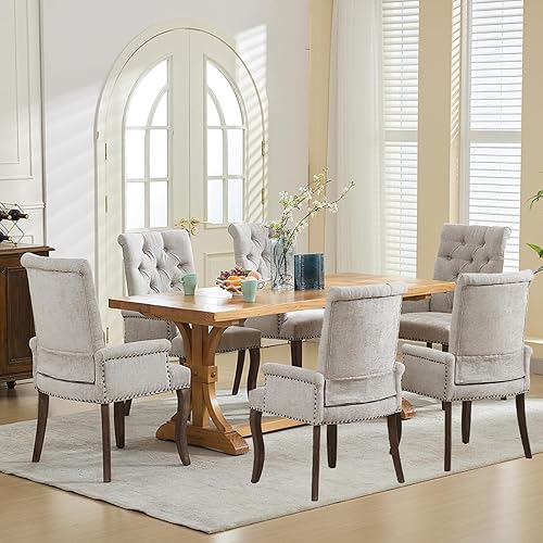 Miniatura 2 de Juego de 6 sillas de comedor tapizadas, sillas decorativas con respaldo copetudo, sillas de comedor modernas de tela de felpilla con brazos y patas