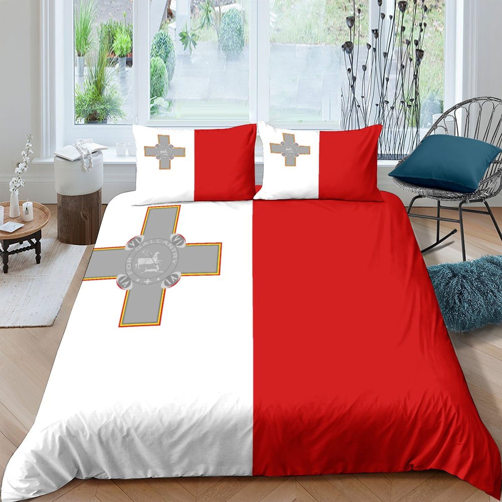 Aaharya Flag Of Malta 3D Printed Duvet Cover Set Microfibre Style Soft Quilt Covers Easy Care Quality National Flag Bedding Sets With Pillowcase King（220X240cm）