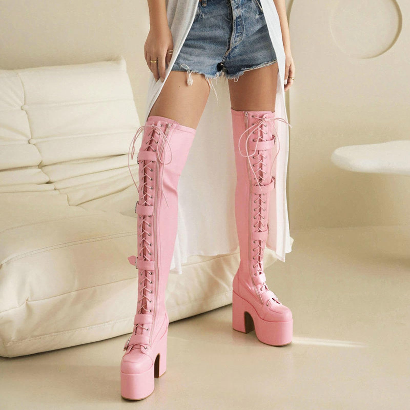 High Heels Damen Plateau Overknee Stiefel Blockabsatz Gürtelschnalle Schnürstiefel Hohe Stiefel Abendschuhe Partyschuhe 8,5cm,Pink-44