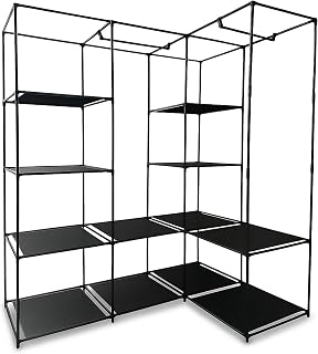 Relaxdays Eckschrank, HBT: 170 x 130 x 8 cm, 2 Kleiderstangen, 12 Ablagen, Eisen, Vlies, offener Kleiderschrank, schwarz