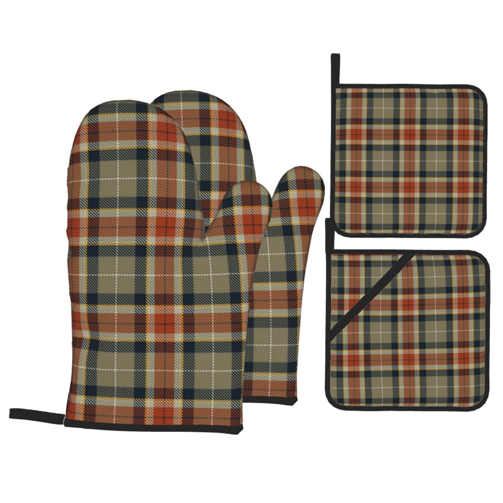 Tartan Heat Resistant Oven Mitts and Pot Holders Set of 4 Protection Utensil Pocket for Grilling Baking Cooking