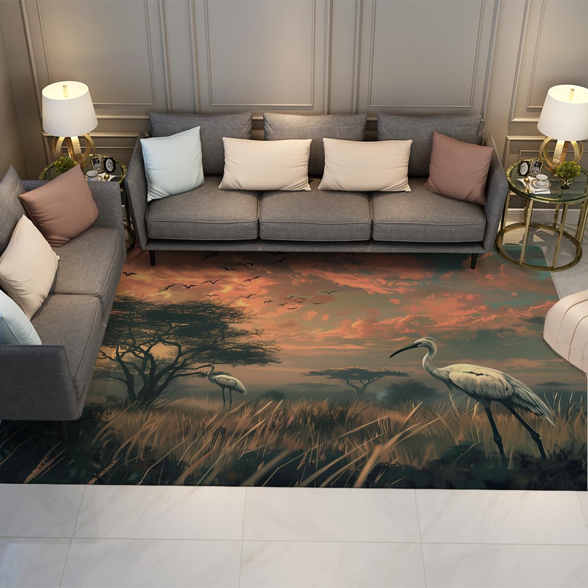 Tapis lavable 120x180cm vintage oiseau africain facile à nettoyer
