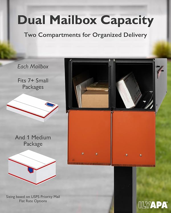 Ilyapa Black Double Mailbox, Post Mount Mailboxes for Outside- Two Sided Mail Box for 2 Houses with Standard Single Mounting, Door Numbering Kit, Outdoor All Weather with Magnetic Doors by Ilyapa - Image 8