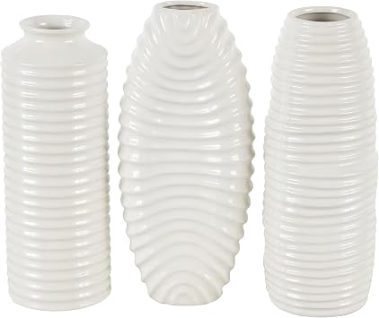 Deco 79 Ceramic Decorative Vase Dimensional Ribbed Centerpiece Vases with Varying Shapes, Set of 3 Flower Vases for Home Decoration 4" W, 11" H, White