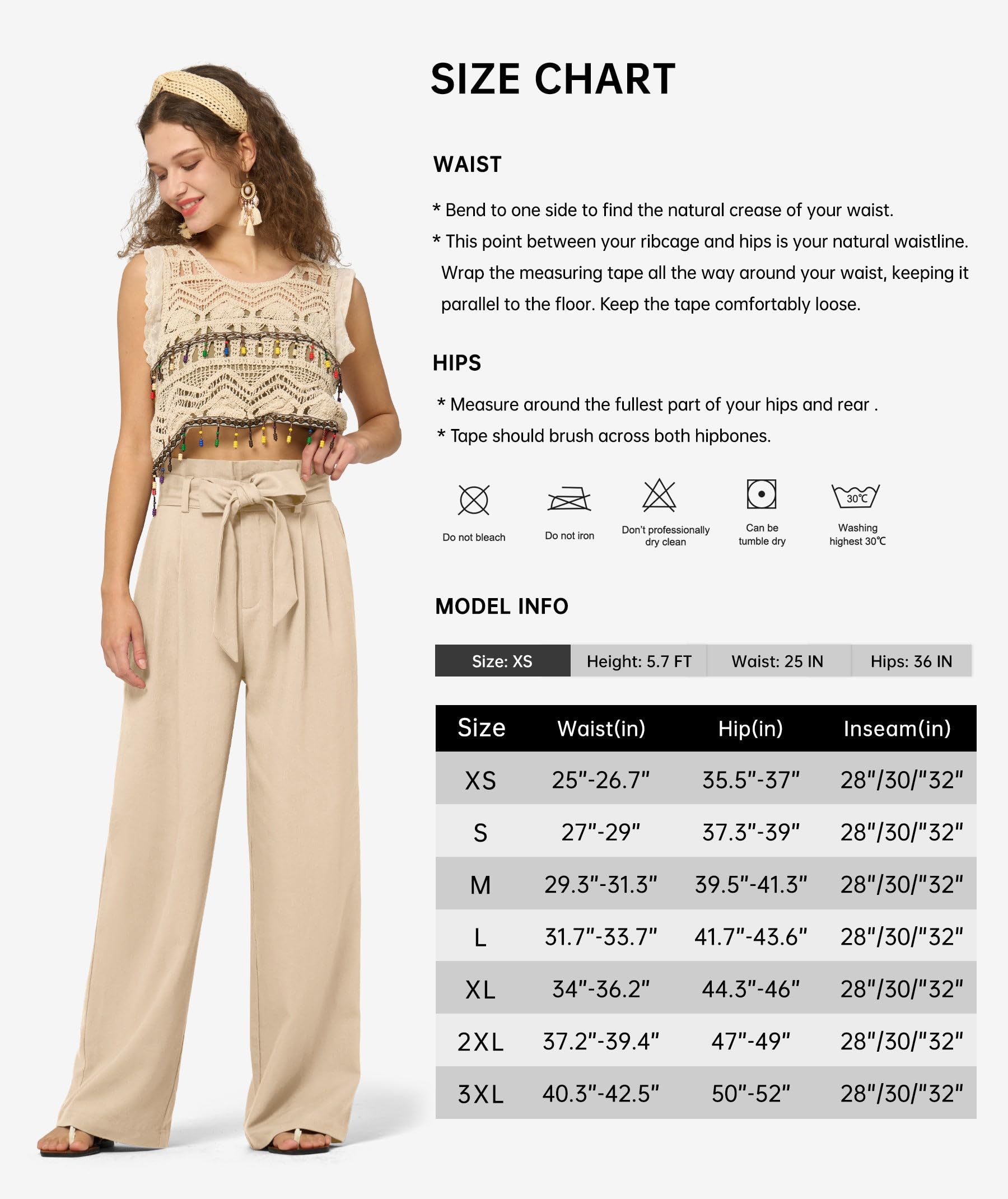 Willit Pantaloni da donna in lino casual a gamba larga, pantaloni da lavoro a vita alta, tasche estive con nodo 71,1 cm/76,2 cm/32 ''