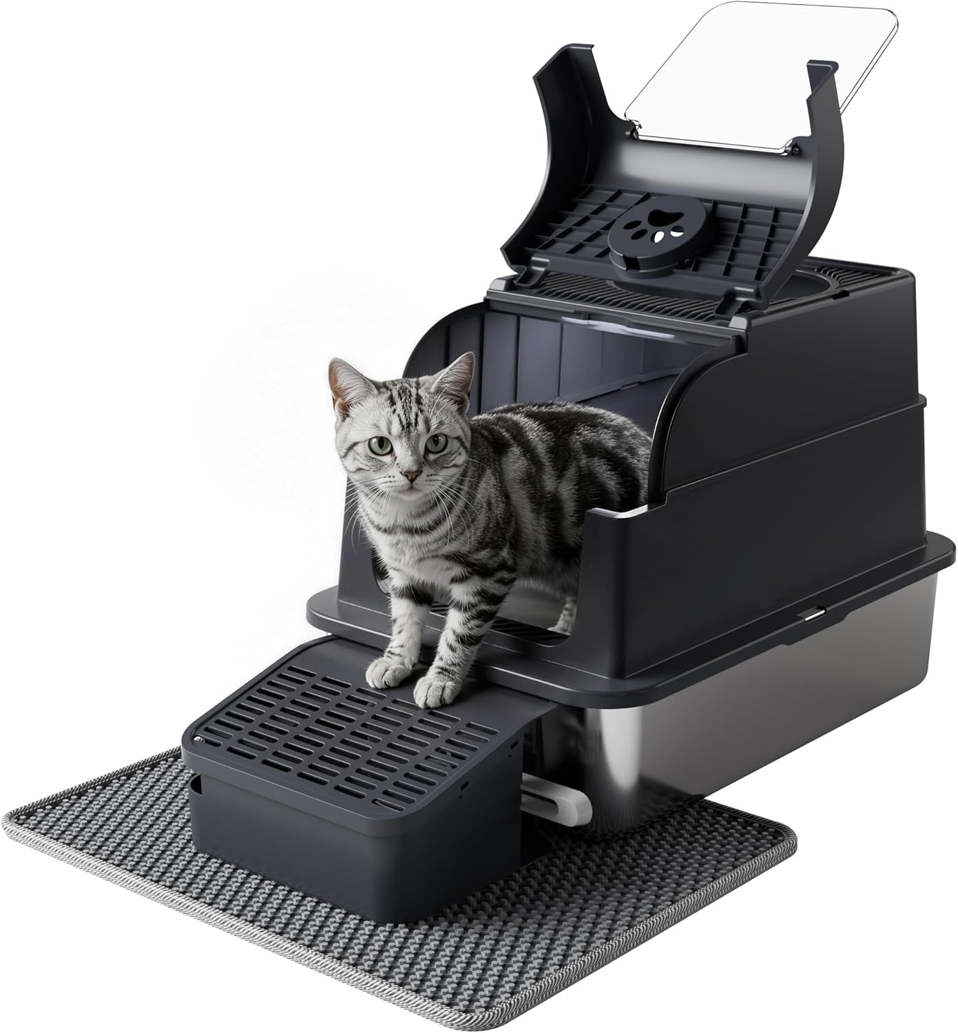 PAKEWAY Large Stainless Steel Cat Litter Box with Flip-Top Lid, 3-in-1 Enclosed & Open Design, Anti-Tracking Step and Litter Mat, Odor Control, Easy to Clean