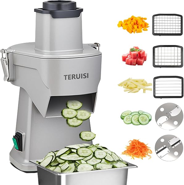 4-in-1 electric vegetable chopper with slicing, shredding, dicing, and strip-cutting discs on countertop