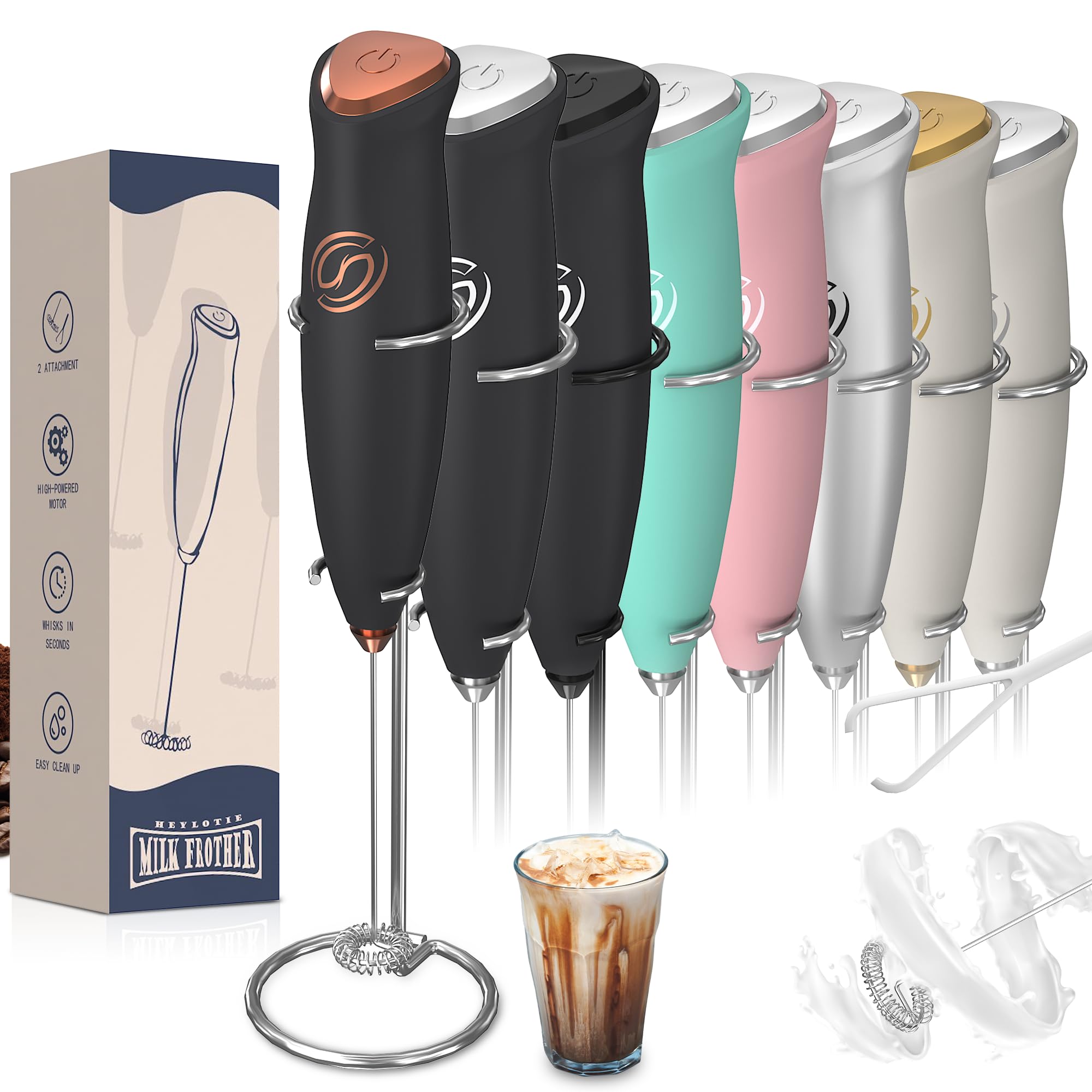 Milk Frother With Stand Handheld Frother Wand Drink Mixer Handheld Coffee Stirrers Electric Frother for Coffee Mixer Wand with 2 Whisk frother for protein powder-Black/Copper