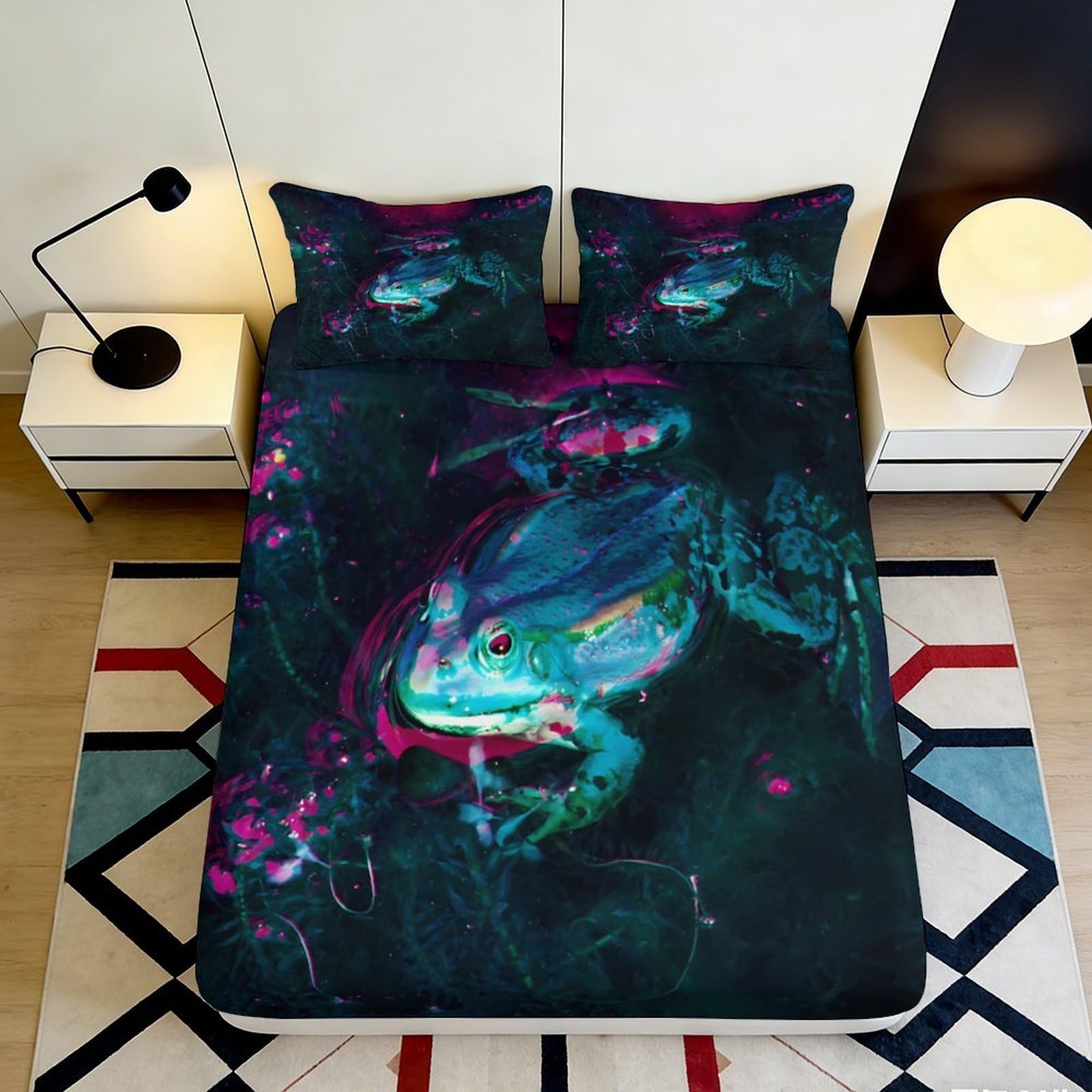 3D Printed Neon Frog Fitted Sheet Microfiber Soft Anti-Slip Mattress Cover for Bedroom Dorm Artistic Decor 90x200x25cm