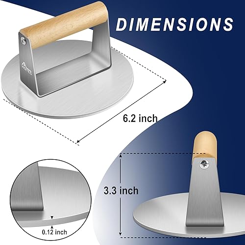 Miniatura 2 de HOTEC Prensa redonda de tocino para parrilla extra pesada de acero inoxidable de 6.2 pulgadas para tocino de hamburguesas, con mango de madera