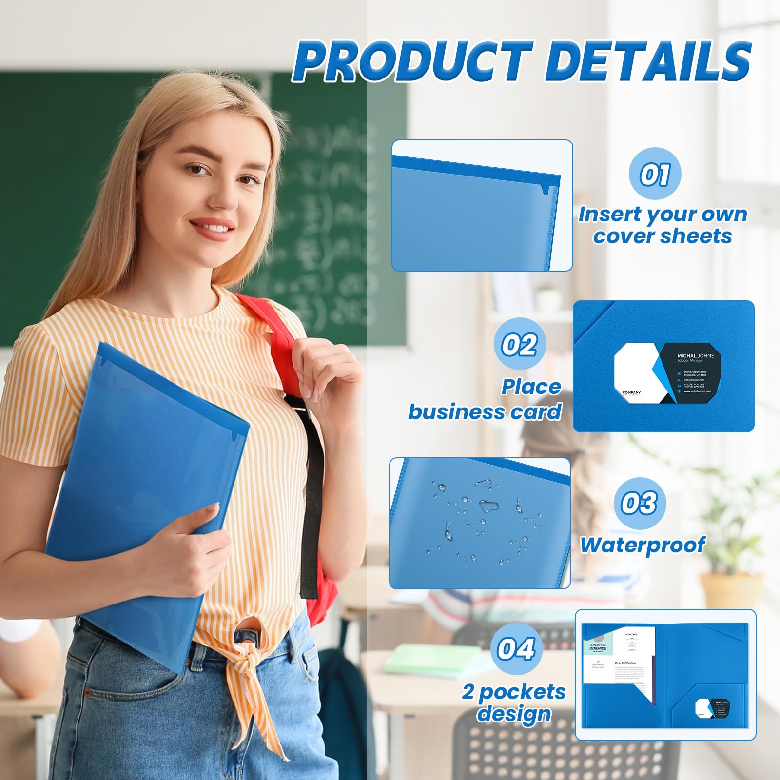 Henoyso 60 Pieces Plastic Folders With Pockets - Heavy Duty 2 Pocket Folders, Letter Size, Blue, With Business Card Slot - View #10