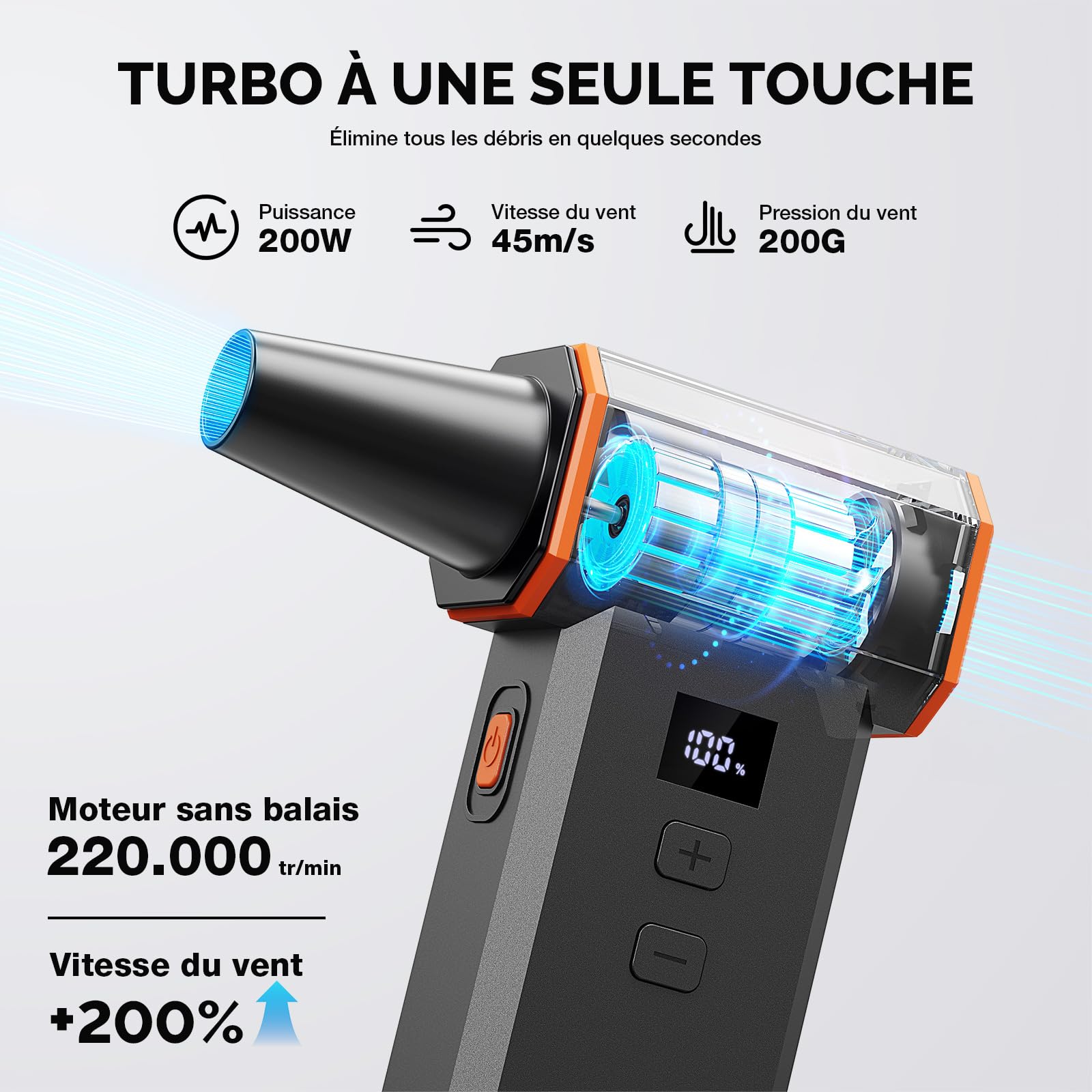 Dépoussiéreur électrique sans fil 220 000 tr/min super puissant, moteur sans balais rechargeable, ventilateur durable, vitesse réglable en continu pour ordinateur, clavier, extérieur, maison et