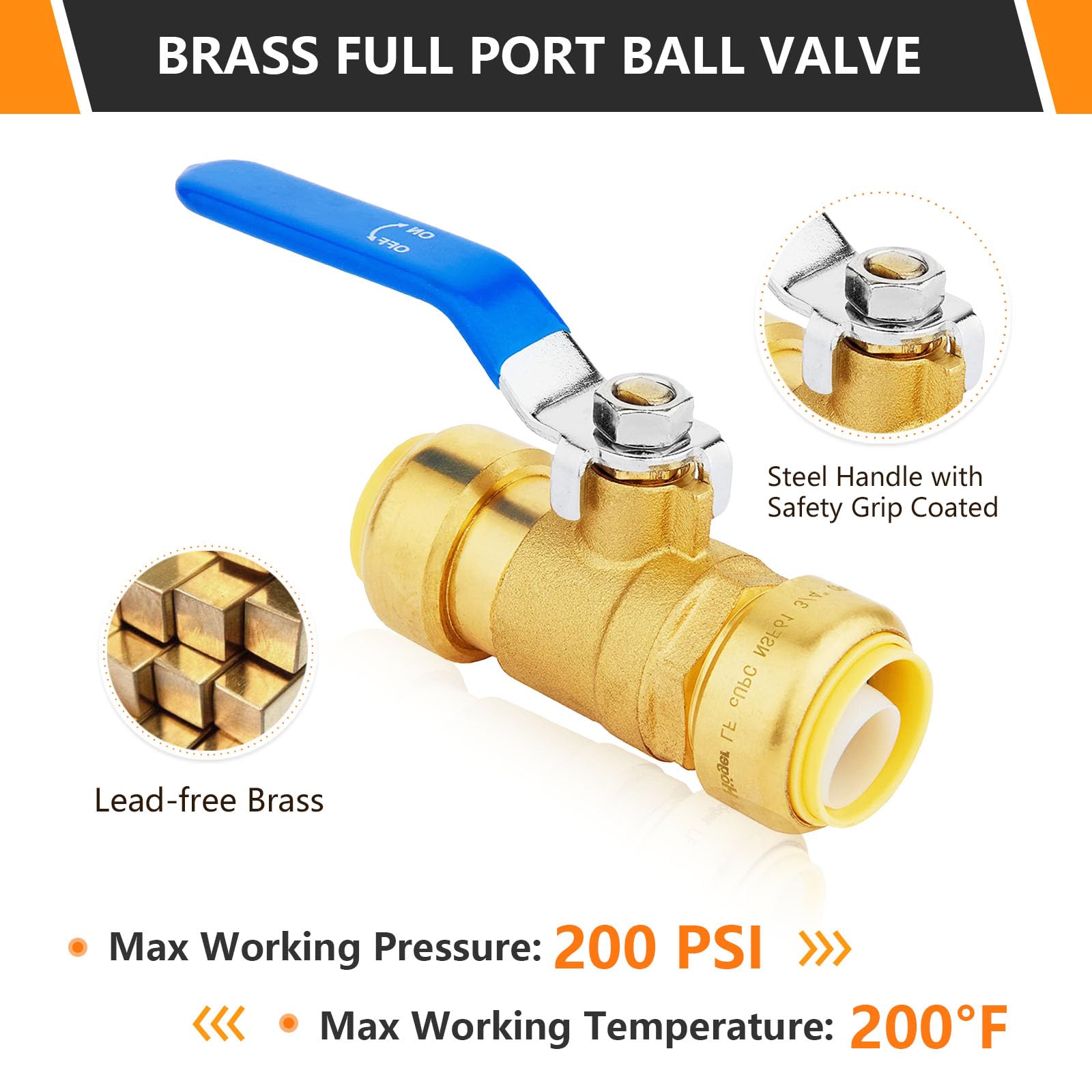 HeSun 10 valvole a sfera push-fit, valvola di intercettazione completa da 3/4 di pollice push-to-connect per acqua calda e fredda, con 2 clip di scollegamento, PEX, rame, CPVC, valvola blu