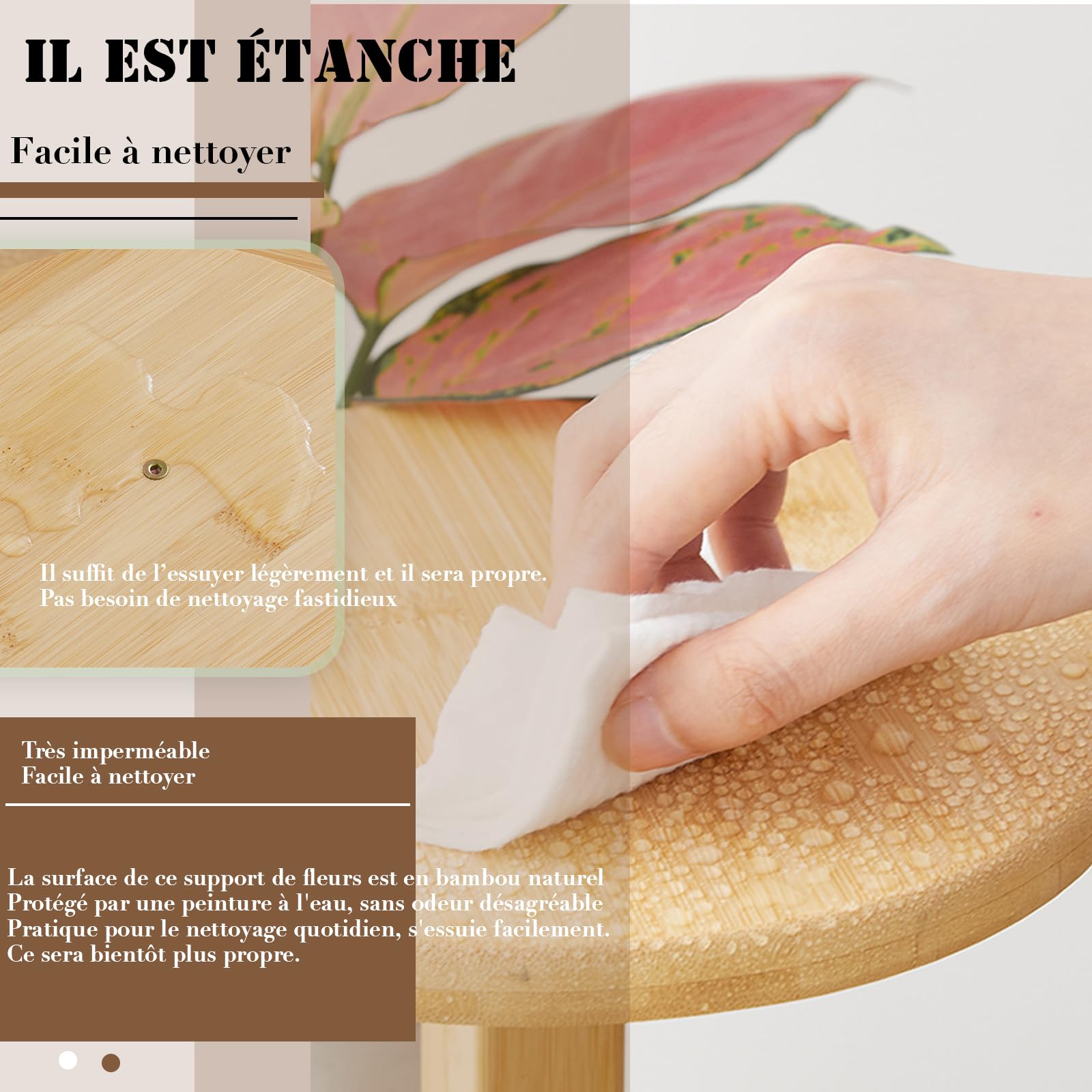 Support de plantes d'intérieur à roulettes, 5 niveaux en bambou pour plantes d'intérieur, Support pour plantes, Diamètre du châssis : 33 cm（Couleur bois）