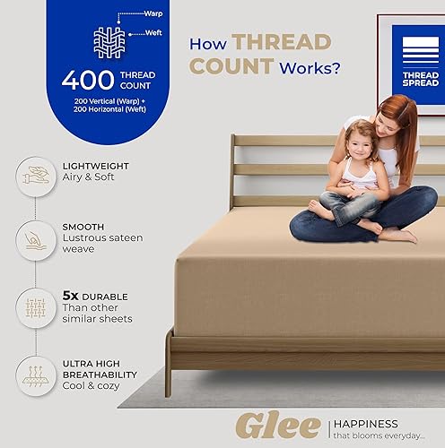 Vista 53 de THREAD SPREAD Sábana bajera ajustable de 100 % algodón tamaño individual, 400 hilos, bolsillo profundo de 16 pulgadas, sábana bajera elástica