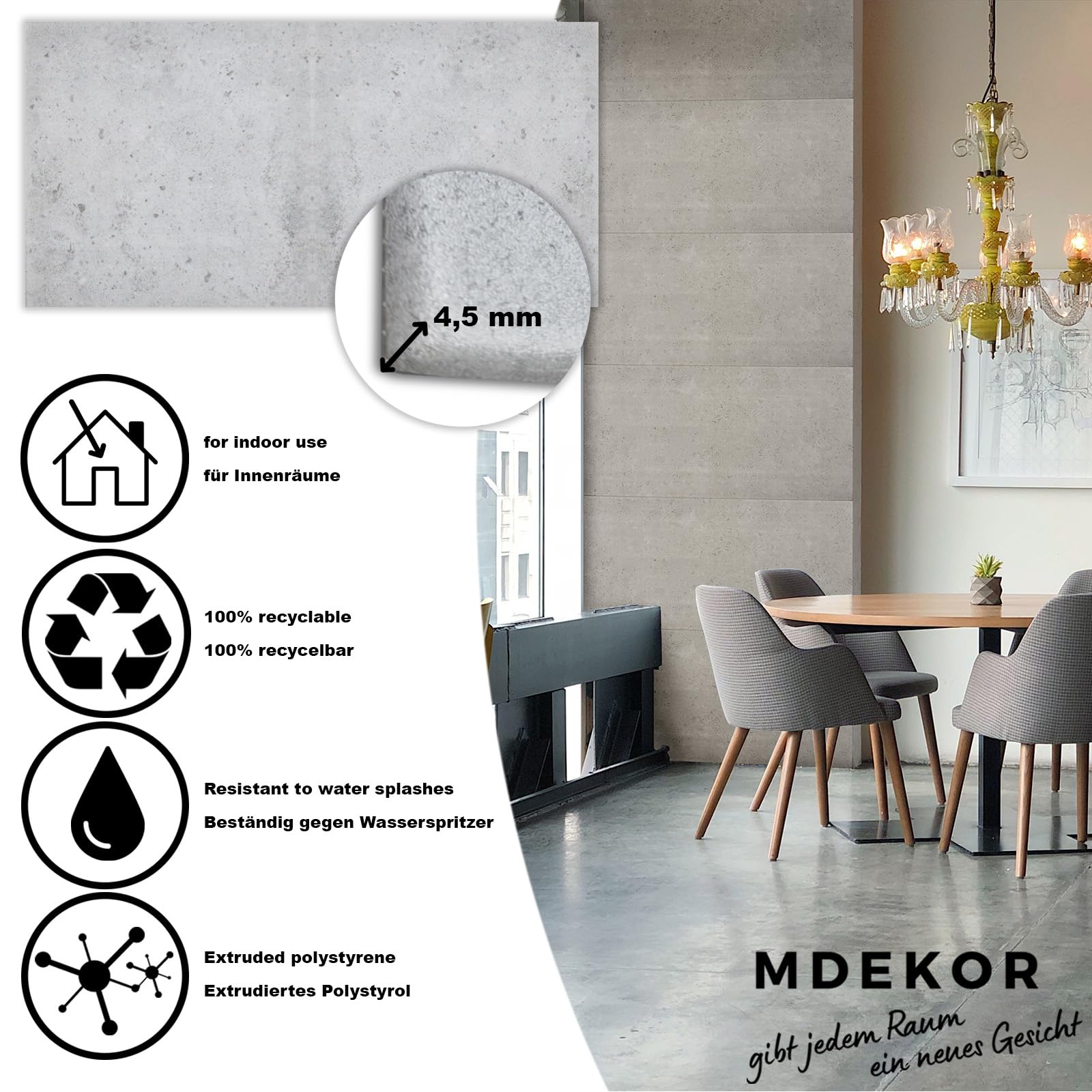 MDEKOR Paneles de pared de hormigón 50 x 100 cm | XPS 3D revestimiento de pared en aspecto de hormigón | 8 unidades = 4 m² Gray Light | paneles de 4,5 mm de grosor | placas decorativas de poliestireno