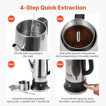 VEVOR 12-Cup Electric Percolator Coffee Pot, 304 Stainless Steel Body Coffee Percolator with Keep Warm Function & Heat-Resistant Handle, Classic Coffee Maker, Quick Brew & Easy-Pour Spout, Silver