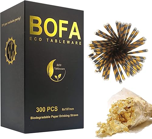 Miniatura 4 de Pajitas de papel a rayas doradas y negras, pajitas biodegradables de aceite metálico con rayas doradas para cumpleaños, bodas, decoraciones de