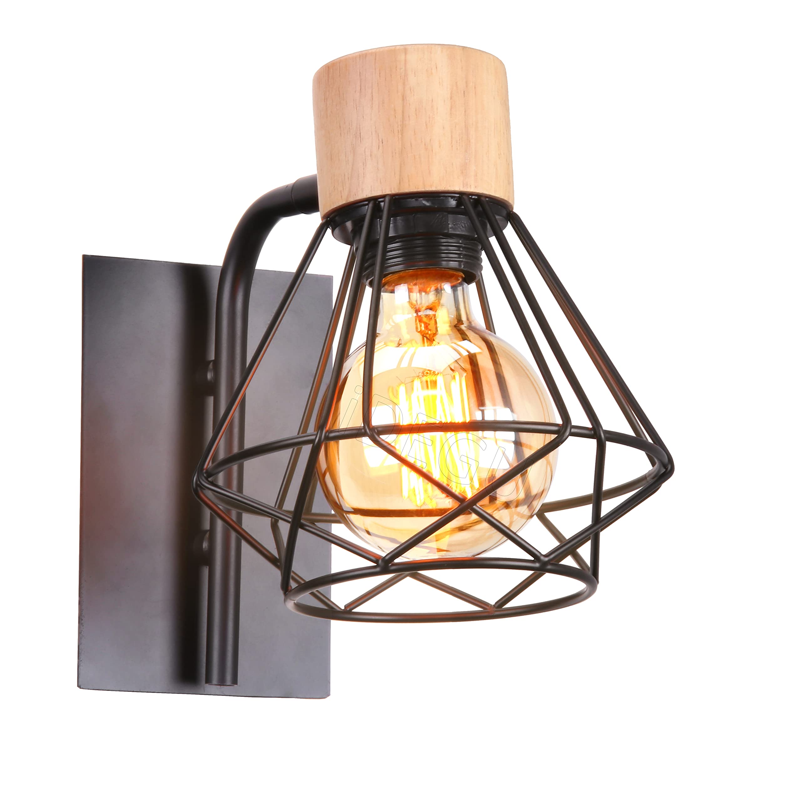 iDEGU Industrial Indoor Wall Light Fixture Adjustable Wood and Iron Cage Design Black Retro Light E27 Vintage Wall Lamp for Bedroom Living Room Kitchen (Adjustable Sconce, 1 Pack)