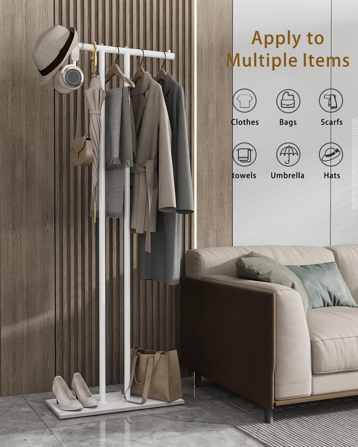 OUTBROS Metal Perchero, 60x25x175cm Perchero de pasillo, Blanco | Standing colgador ropa, Percha independiente con base de losa roca para Guardar Ropa, Bolsos y Sombreros
