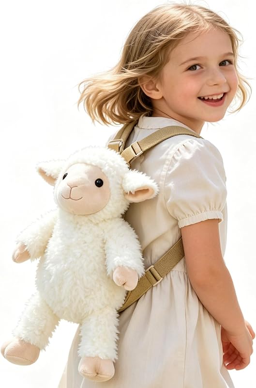 JUSTQUNSEEN Plush Backpack Lamb Animal,16 INCH Stuffed Animal Backpack Soft Animal Bag with Adjustable Shoulder Straps, Cute Lamb Plush Animal for Kids and Girls Boys