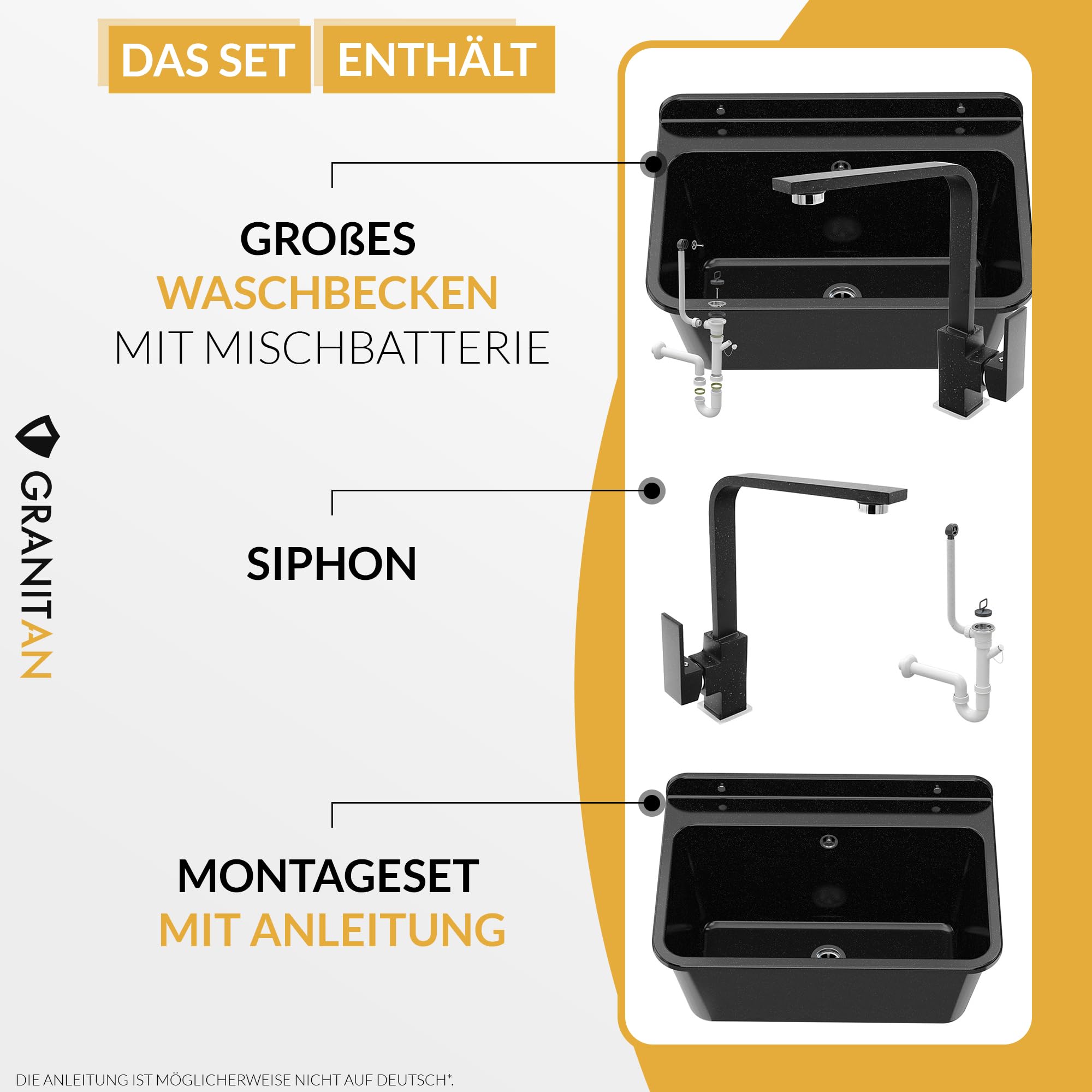 Granitan Ausgussbecken für Garage Keller Werkstatt - Universal Waschtrog mit Siphon - Waschbecken Wandmontage aus Polypropylen - 61x41x30 cm (Weiß + BETA Waschtischbatterie)