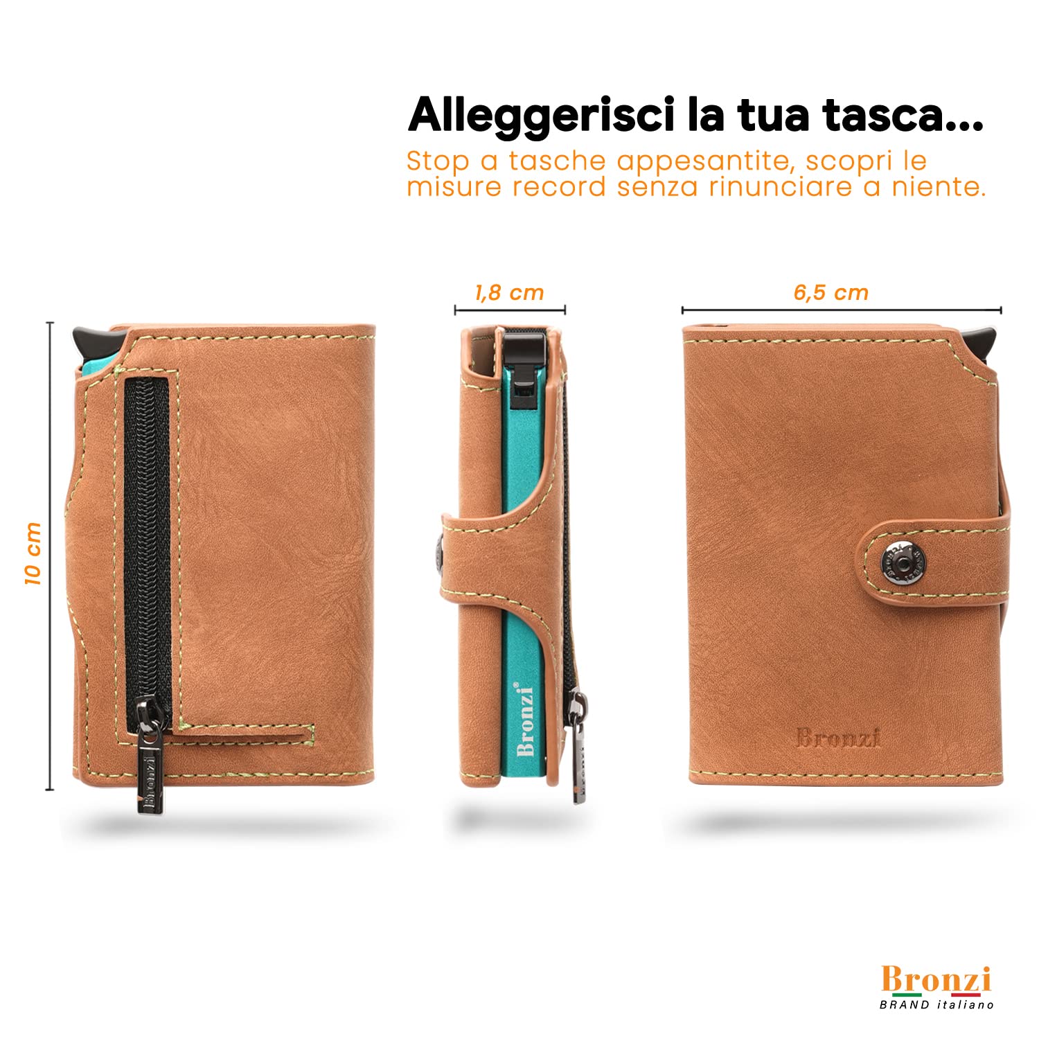 Bronzi Portafogli Uomo Piccolo Slim - Porta Carte Di Credito Con Portamonete - Regalo - Porta Tessere e Documenti Tascabile Italiano (Vellutato Marrone)