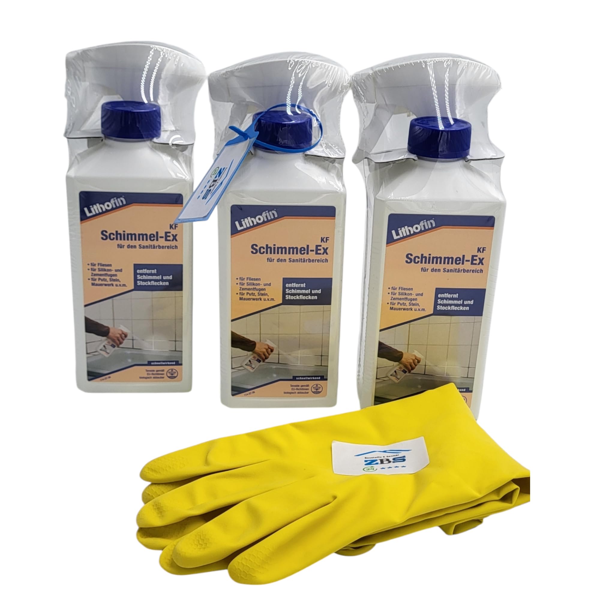 zbs24 Lithofin KF Schimmel-Ex 500ml, entfernt schwarze Stockflecken, Schimmel, Pilze, Algen, für Fliesen, Fugen, Putz und Mauerwerk, inkl. Latex Handschuhe Gr. 8 (3 x 500ml)